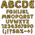 Alphabet, letters, numbers and signs of green punschrulle, dammsugare. Isolated vector objects on a white. Royalty Free Stock Photo